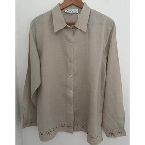 Floral Embroidered Beige Ramie Linen Womens Button Down Blouse Cottagecore Airy